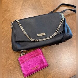 Kate Spade Black Crossbody Bag with Silver Chain + Pink Card Wallet